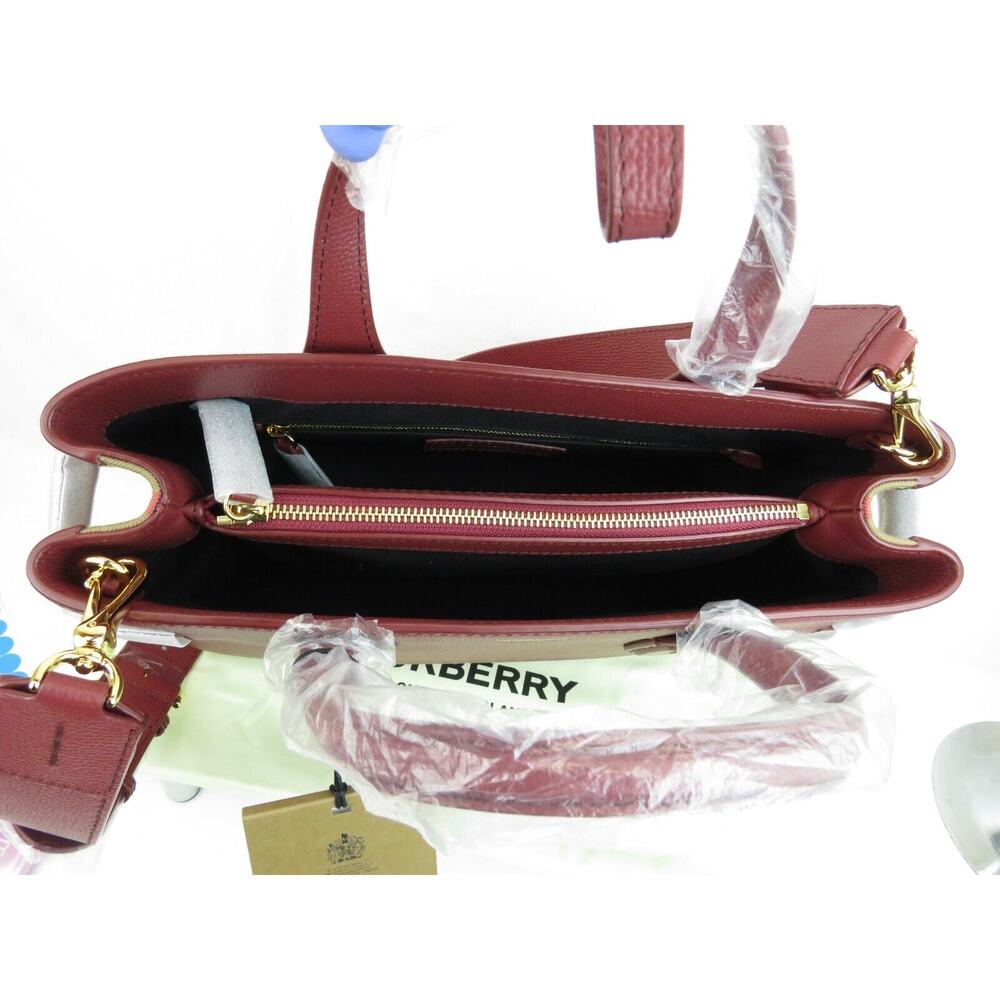 $1790 BURBERRY MD BANNER CRIMSON LEATHER CHECK CANVAS SHOULDER MEDIUM TOTE BAG - Picture 6 of 15